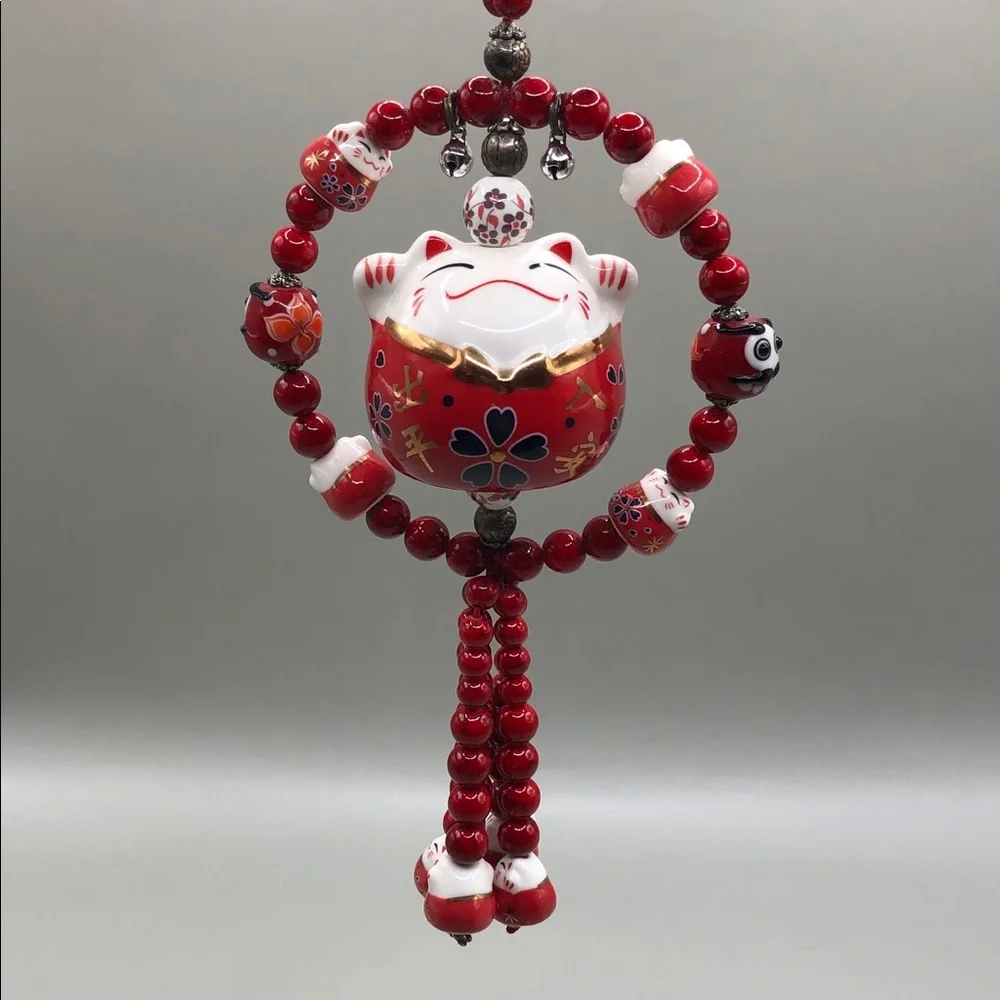 Vintage 90's Maneki Neko Ceramic Hanging Amulet Charm Hanger Hang Up Japan